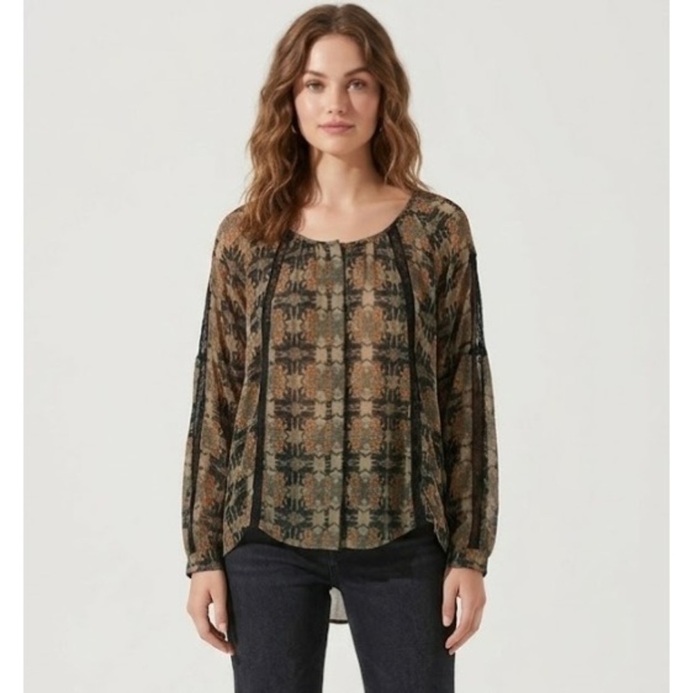 ASTR Brown Black Abstract Print Lightweight Round Neck Long Sleeve Top Small